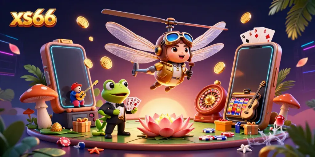 Engage with the exciting world of xs66, featuring casino games and vibrant characters in a colorful scene.