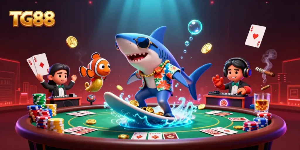 Experience thrills at TG88 with a shark surfing gold coins and a vibrant underwater party.