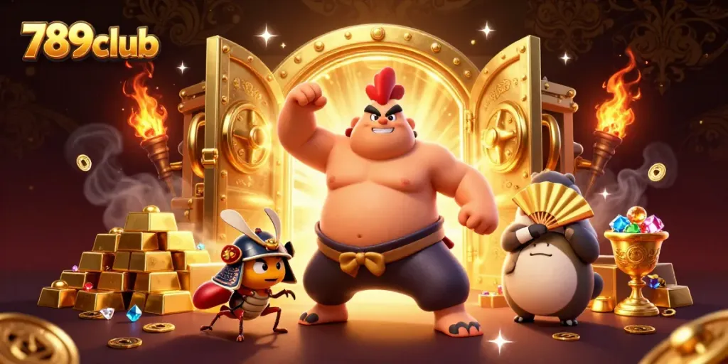 Experience the thrill of 789club with a dynamic casino scene featuring a sumo wrestler, fierce cricket, and more!