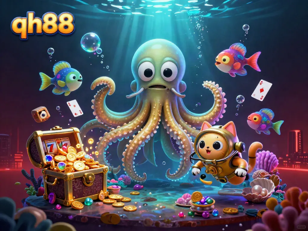 Engage with thrilling qh88 online casino action featuring a colossal kraken and diving cat amid treasures.