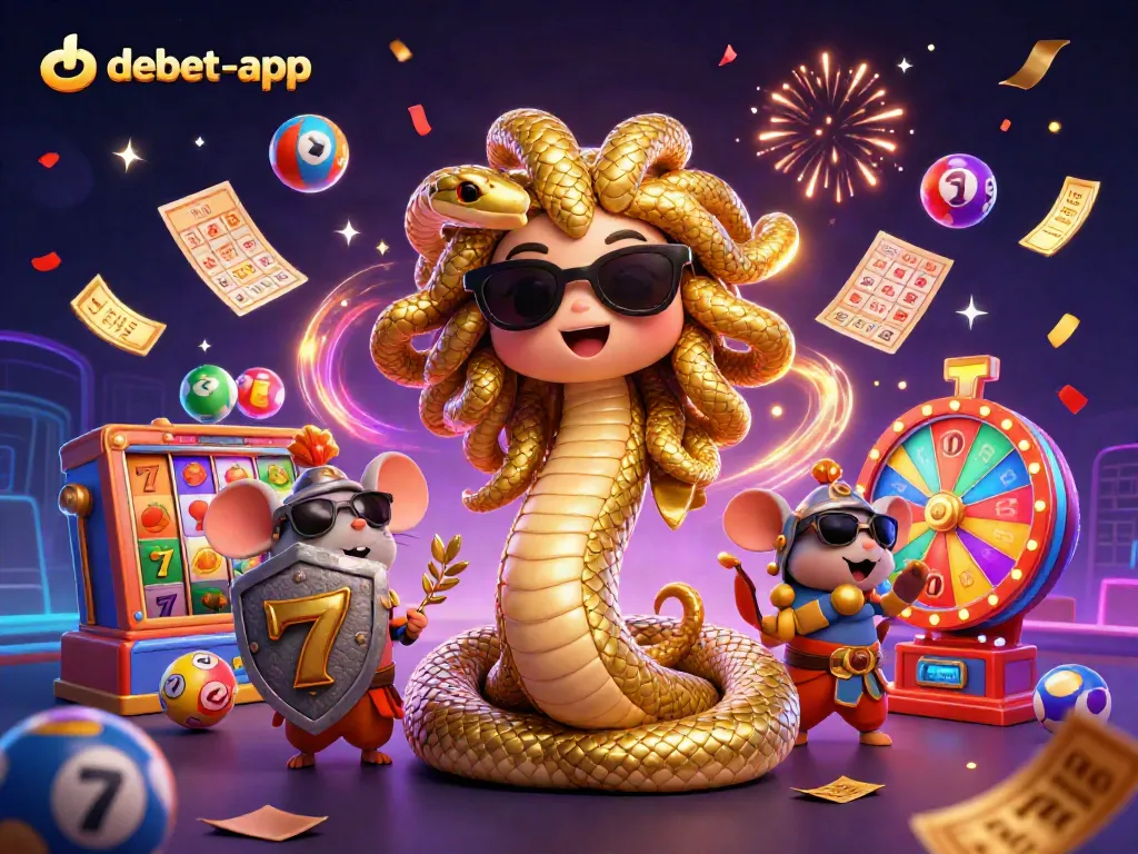 Engage with debet-app's vibrant casino experience featuring Medusa, a warrior mouse, and exciting game elements.