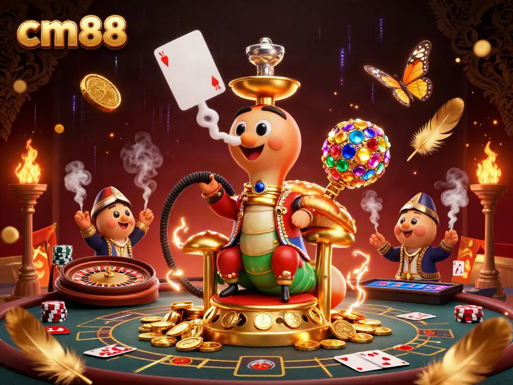 Engage in thrilling casino adventures with cm88, featuring a vibrant sultan caterpillar, poker symbols, and casino elements.