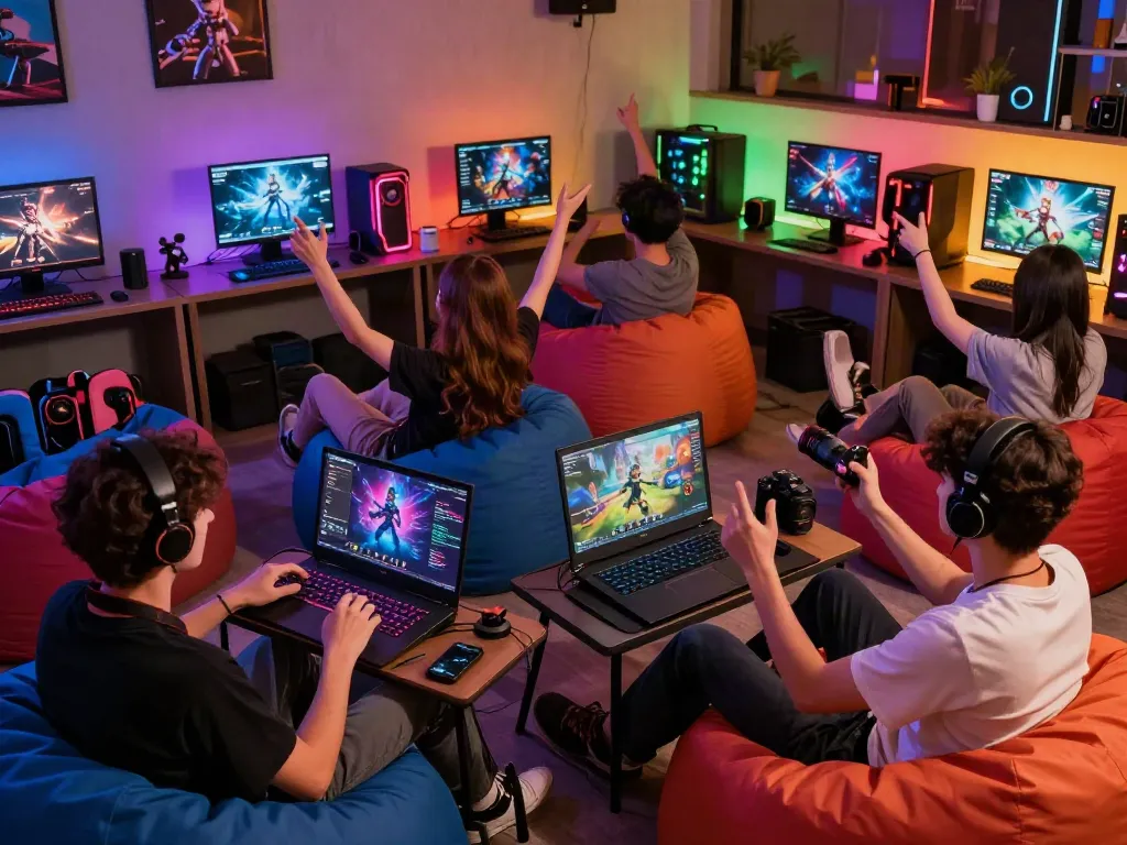 Dynamic scene of gamers enjoying kilat404 platform with vibrant lighting and modern devices.