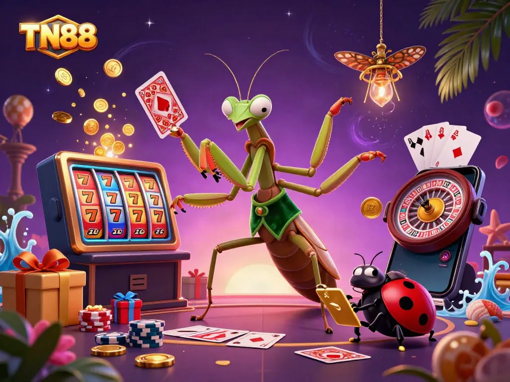 Win at TN88 with a dynamic casino scene featuring a giant praying mantis card sharp and ladybug pit boss.