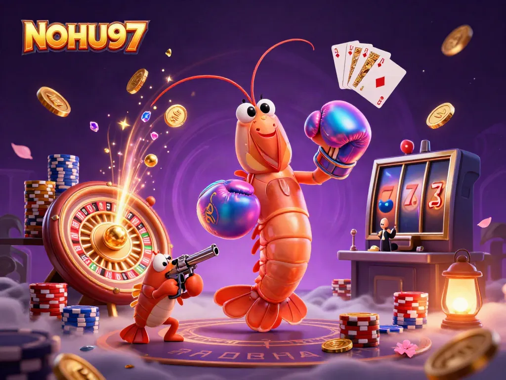 Engage with NOHU97 as the mantis shrimp punches through a vibrant casino scene with spinning roulette and golden coins.
