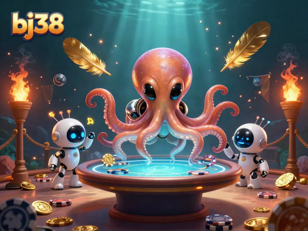 Engage in thrilling poker action with bj38, featuring a vibrant 3D scene of animated characters and casino elements.