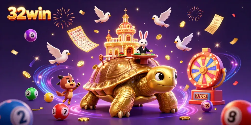 Experience the excitement of 32win with a vibrant casino scene featuring games, celebrations, and rich visuals.