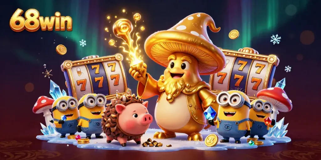 Engage with 68win's golden casino magic featuring animated characters and slot reels.