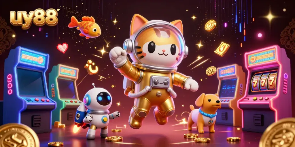 Experience thrilling gaming actions at uy88 with vibrant casino elements and characters in a detailed cosmic scene.