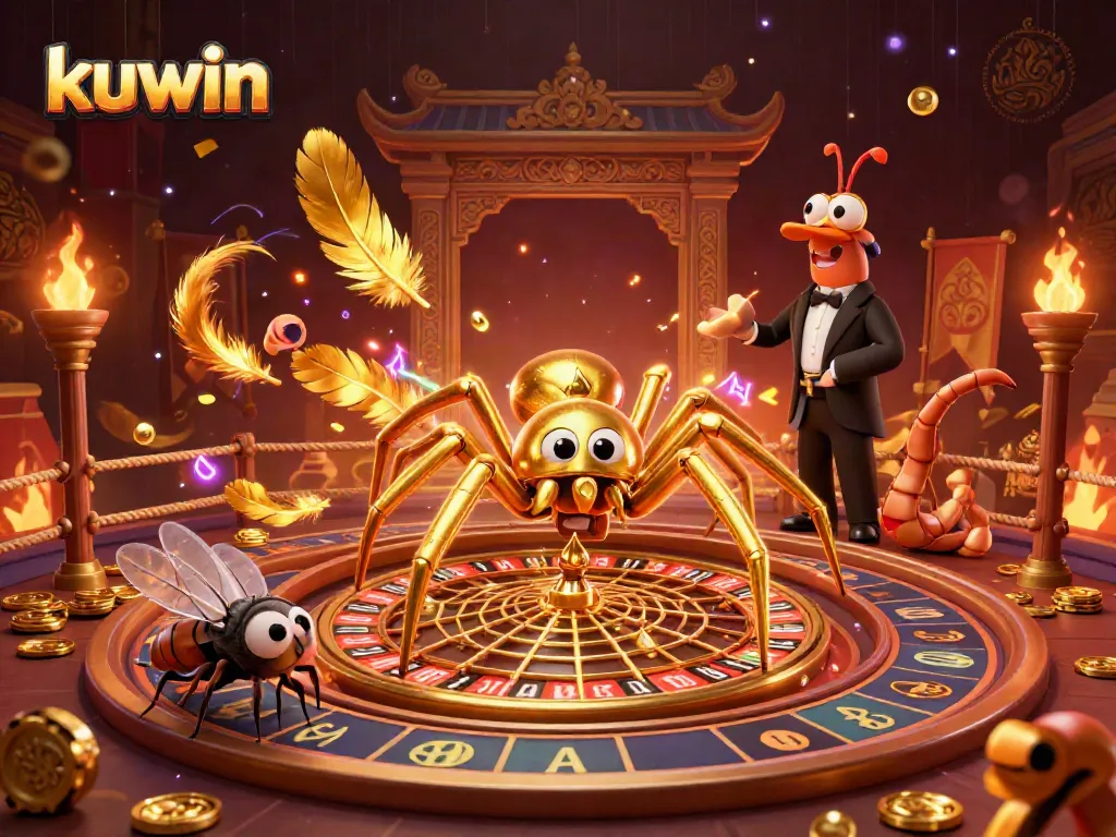Experience thrilling bets at Kuwin with a dynamic 3D illustration of a roulette wheel web and vivid characters.
