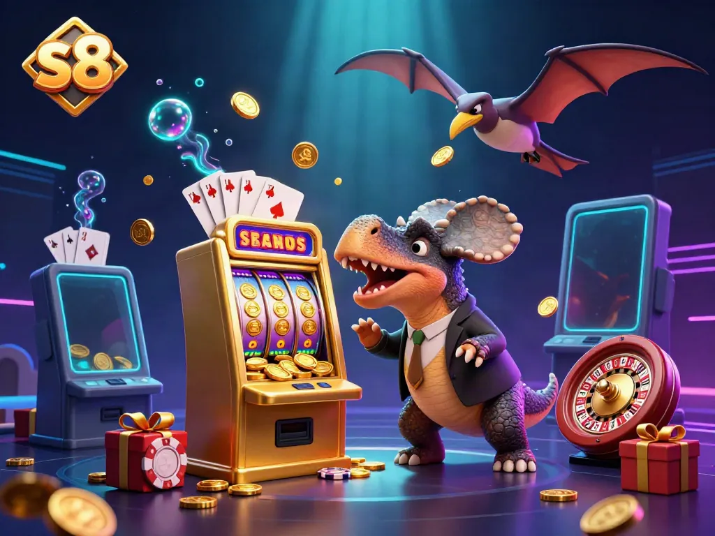 Experience thrilling jackpots at s8 with a pachycephalosaurus celebrating wins at a golden slot machine.
