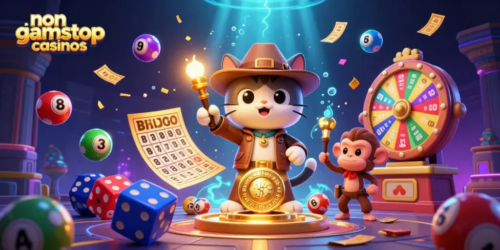 Engaging scene of non gamstop casinos with a cartoon archaeologist cat and a monkey finding treasures.