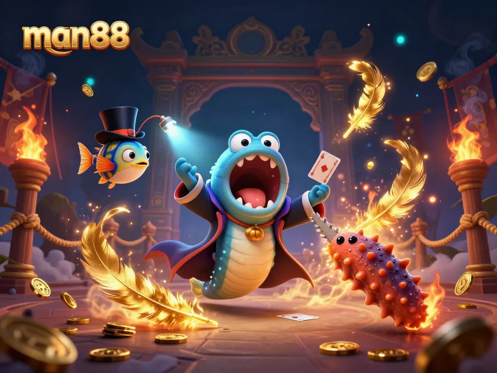man88's vibrant gaming scene showcases a bioluminescent eel performing card tricks amidst enchanting casino elements.