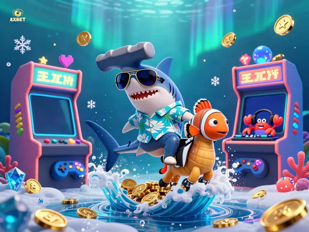 Experience vibrant gaming with 8XBET featuring a hammer-head shark surfer and colorful casino elements.