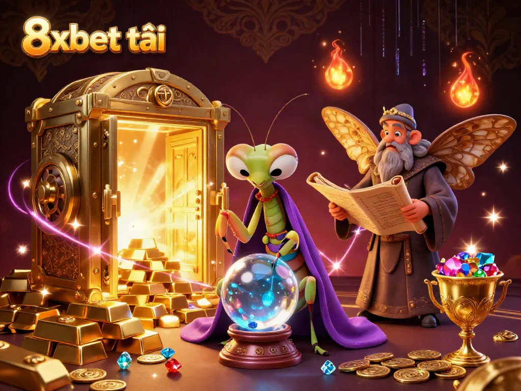 Experience the magic of 8xbet tải as the mantis fortune teller reveals secrets, surrounded by treasures in an enchanting scene.