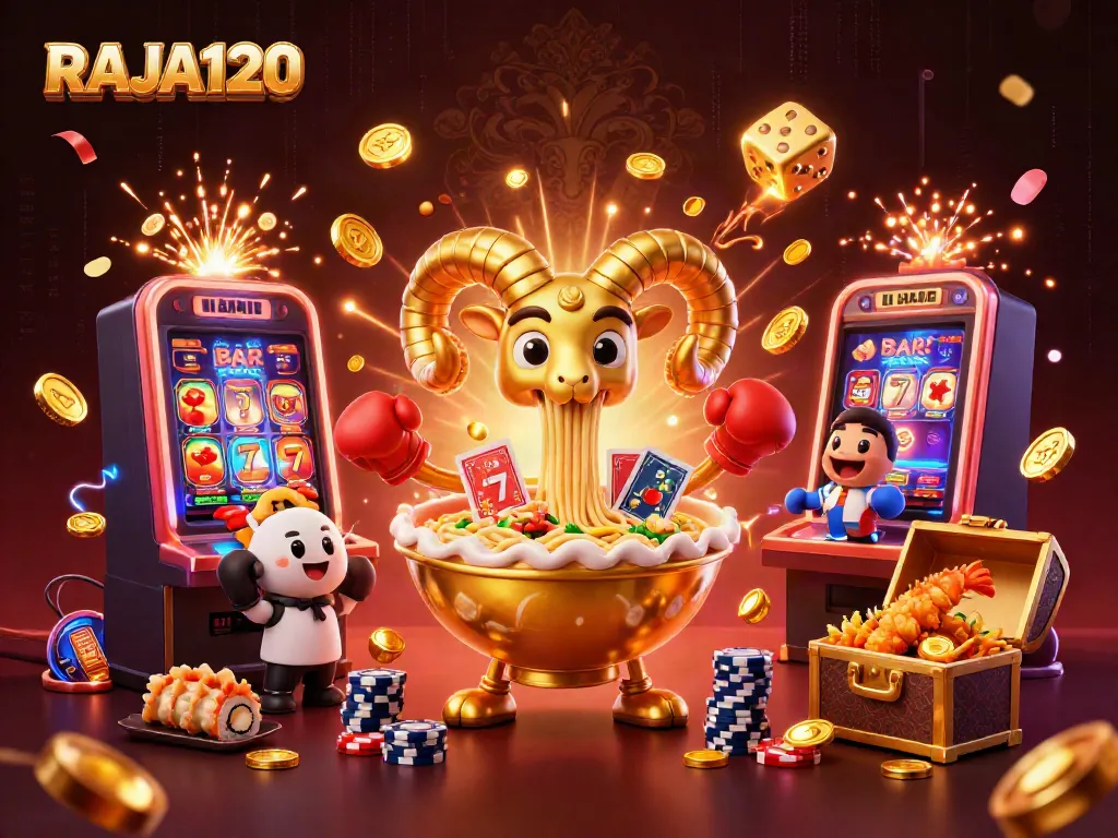 Engage with thrilling gameplay in this vibrant RAJA120 casino scene featuring dynamic characters and rich slot machine action.