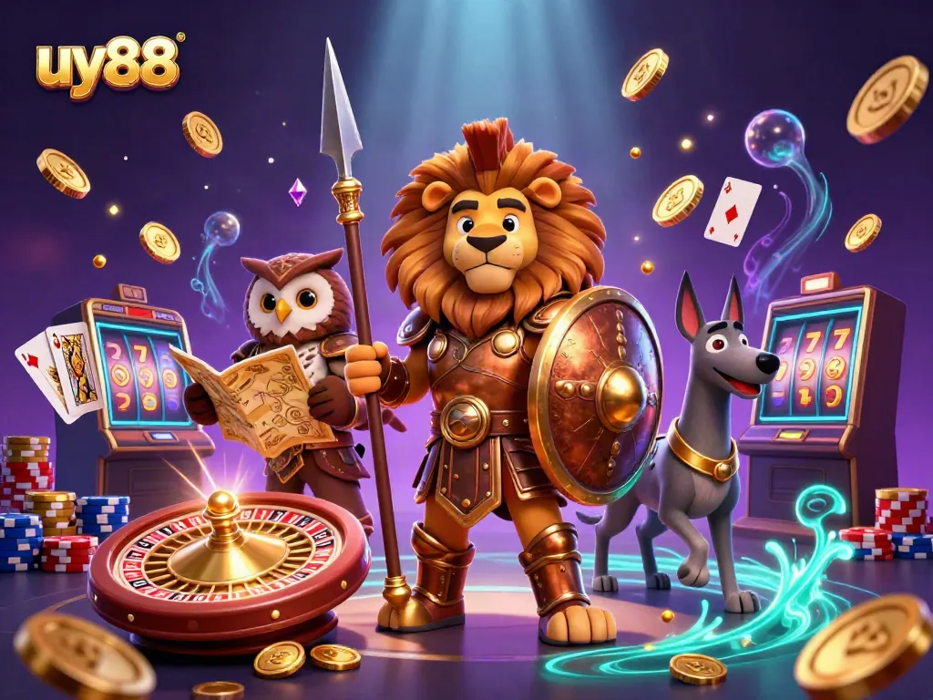 Experience thrilling gameplay with uy88 showcasing a heroic Spartan lion amidst casino elements.
