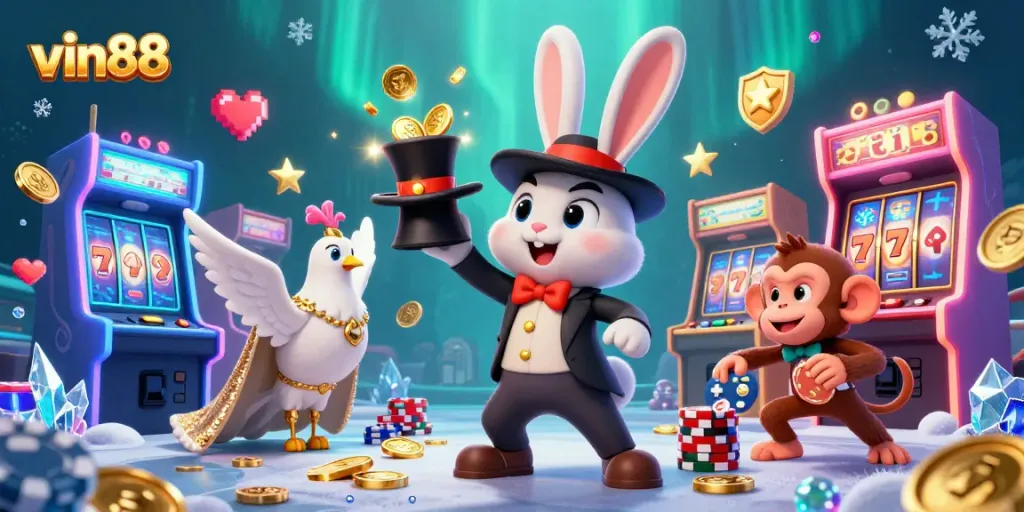 Spin the reels in vin88 with a lively scene featuring a magician, a dove, and a monkey amidst casino elements.