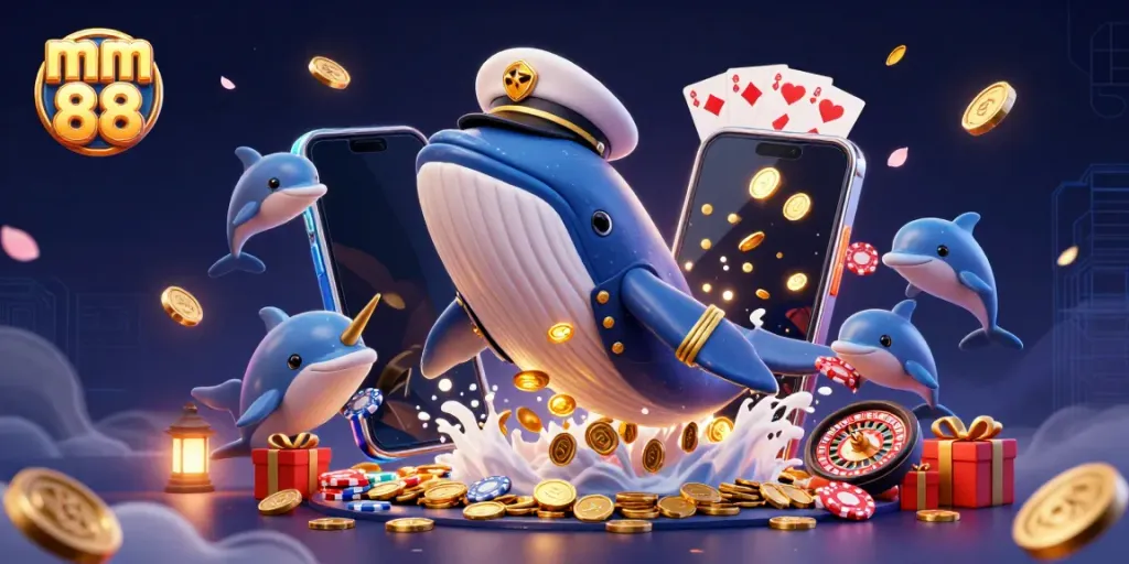 Bet and win at mm 88 as a whale breaches through coins while dolphins perform tricks with poker chips.