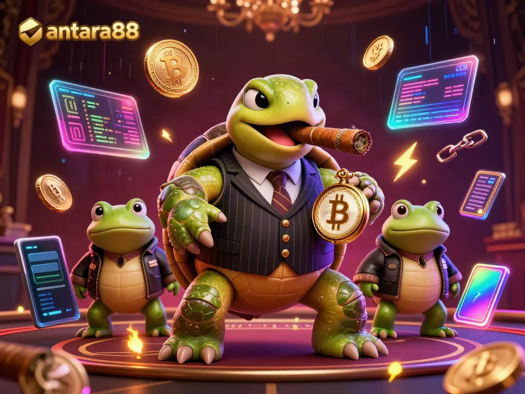Experience thrilling gameplay at antara88 with a mobster turtle and bullfrog enforcers amid glowing crypto coins.