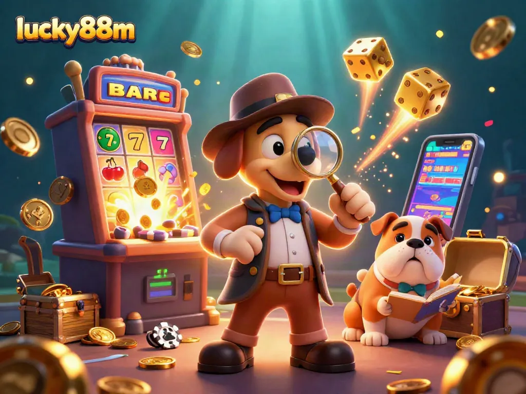 Lucky88m engaging players with a lively casino illustration showing valuable golden poker chips and a jackpot slot explosion.