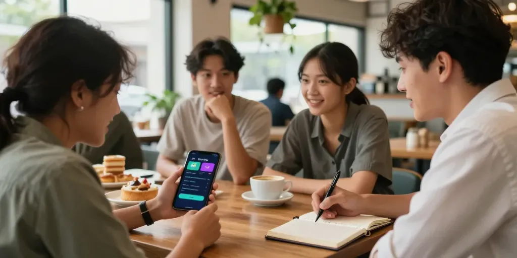 Teman-teman berdiskusi strategi Situs Toto di kafe yang nyaman.