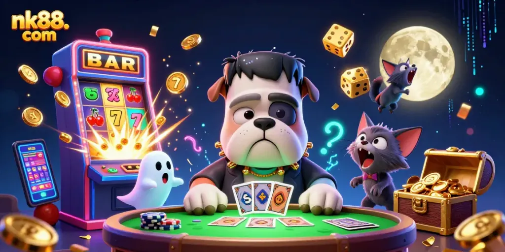 Engage with thrilling gaming action at nk88. com featuring vibrant casino characters and dynamic gambling elements.