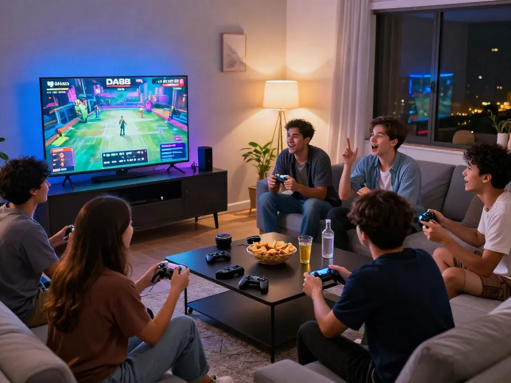 Friends enjoying a gaming tournament on DA88 platform with snacks and drinks.