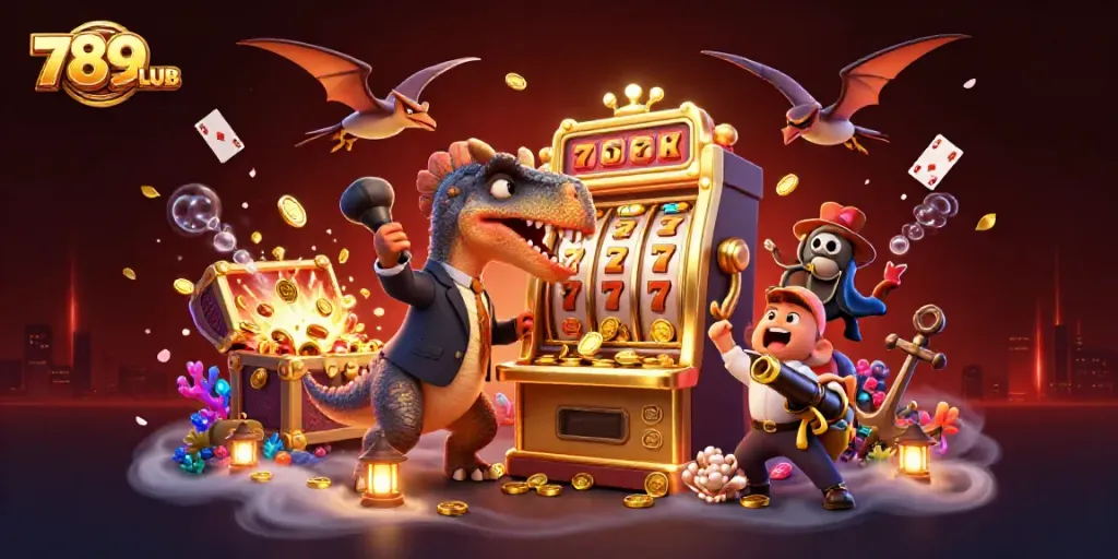 Experience the excitement of 789CLUB with a pachycephalosaurus winning jackpot coins at a golden slot machine.