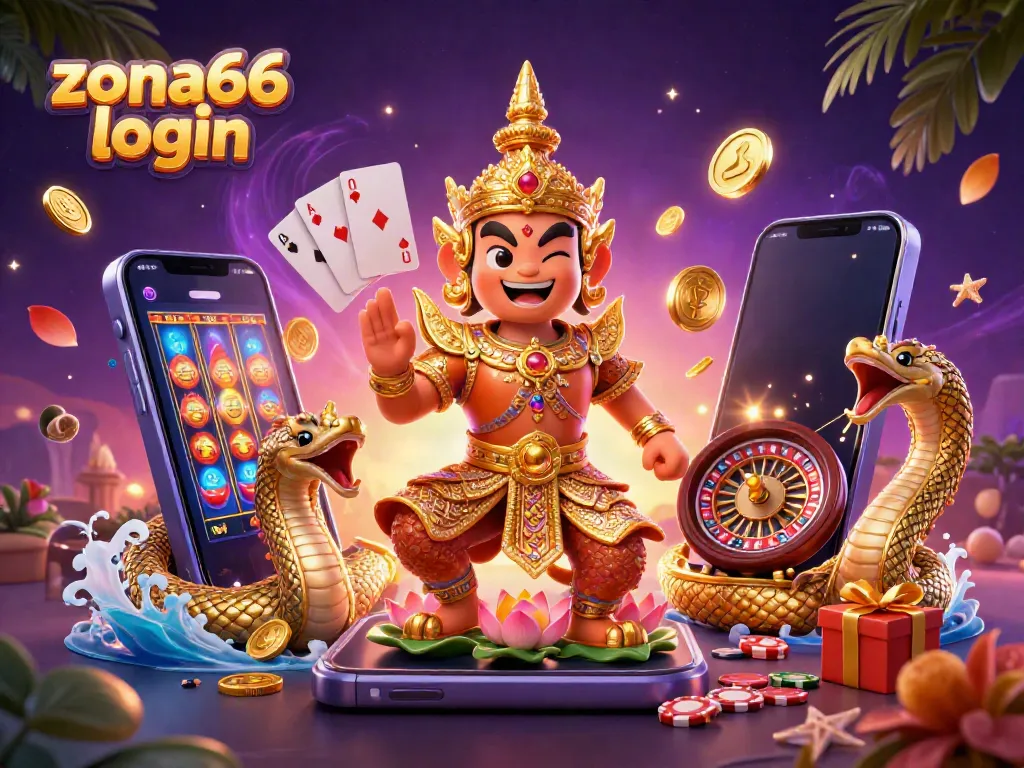 Engage with exciting gameplay at zona66 login, showcasing a vibrant 3D illustration of casino elements.