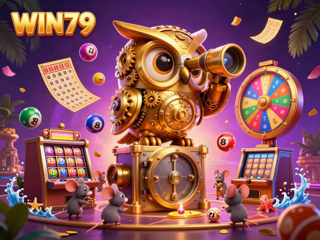 Engage in thrilling WIN79 gameplay with a vibrant 3D casino scene featuring a stunning golden owl.