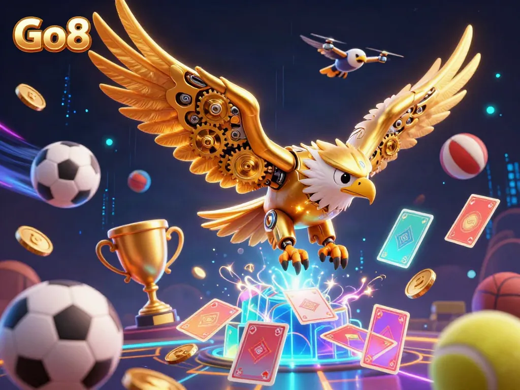 Engaging Go8 online casino scene featuring a dynamic golden eagle and gaming elements.