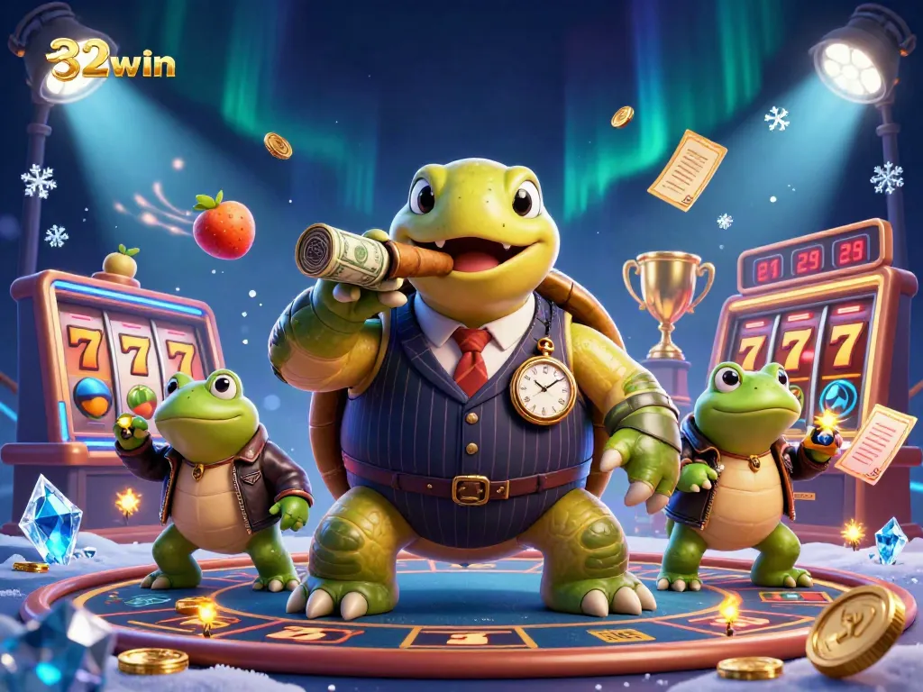 Bet on 32win with a vibrant casino scene featuring a turtle in a mobster suit and jackpot reels