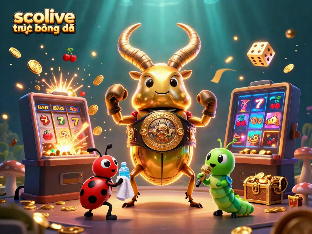 Socolive trực tiếp bóng đá showcases a colorful 3D cartoon beetle championship scene filled with casino games and excitement.