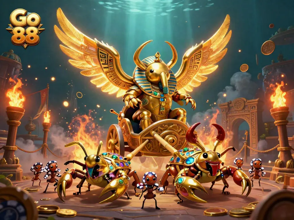 Experience the thrill of Go 88 with a dynamic scene of a golden beetle in a chariot, surrounded by vibrant casino elements.
