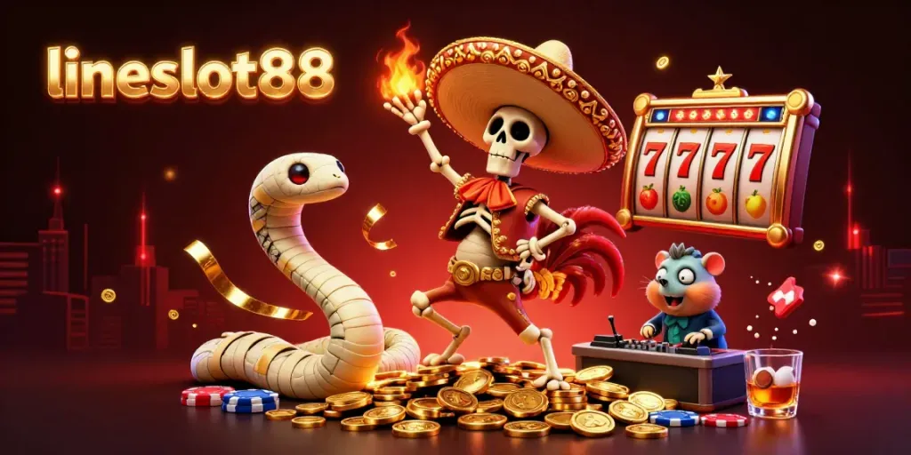Experience the excitement of lineslot88 with a vibrant 3D casino scene featuring a lively mariachi rooster and dynamic gaming elements.