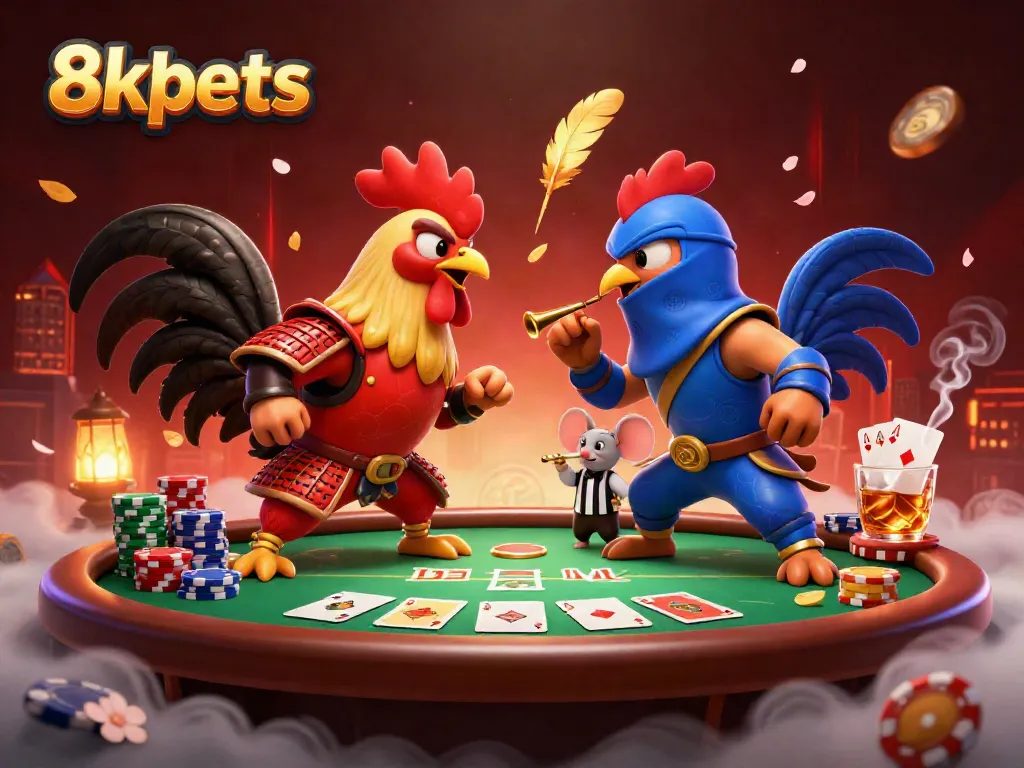 Engage in thrilling matchups with 8xbets as cartoon fighting roosters clash in an epic showdown.