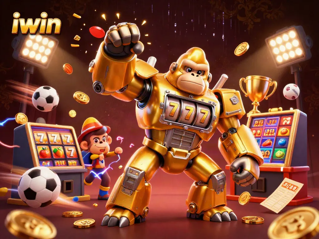 iwin showcases a dynamic 3D scene of a golden gorilla mech and sports elements in a casino setting.