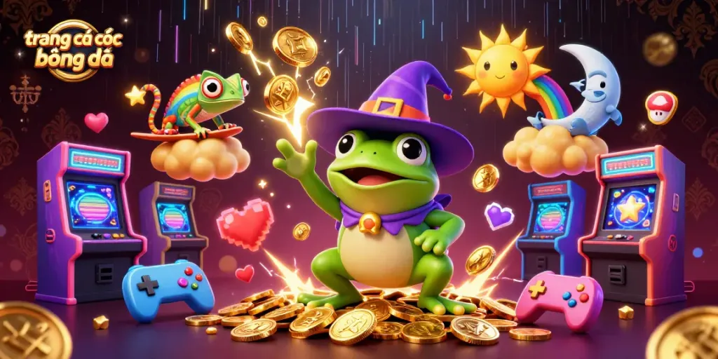 Experience the excitement of trang cá cược bóng đá with a dynamic, magical 3D illustration featuring vibrant characters and casino elements.